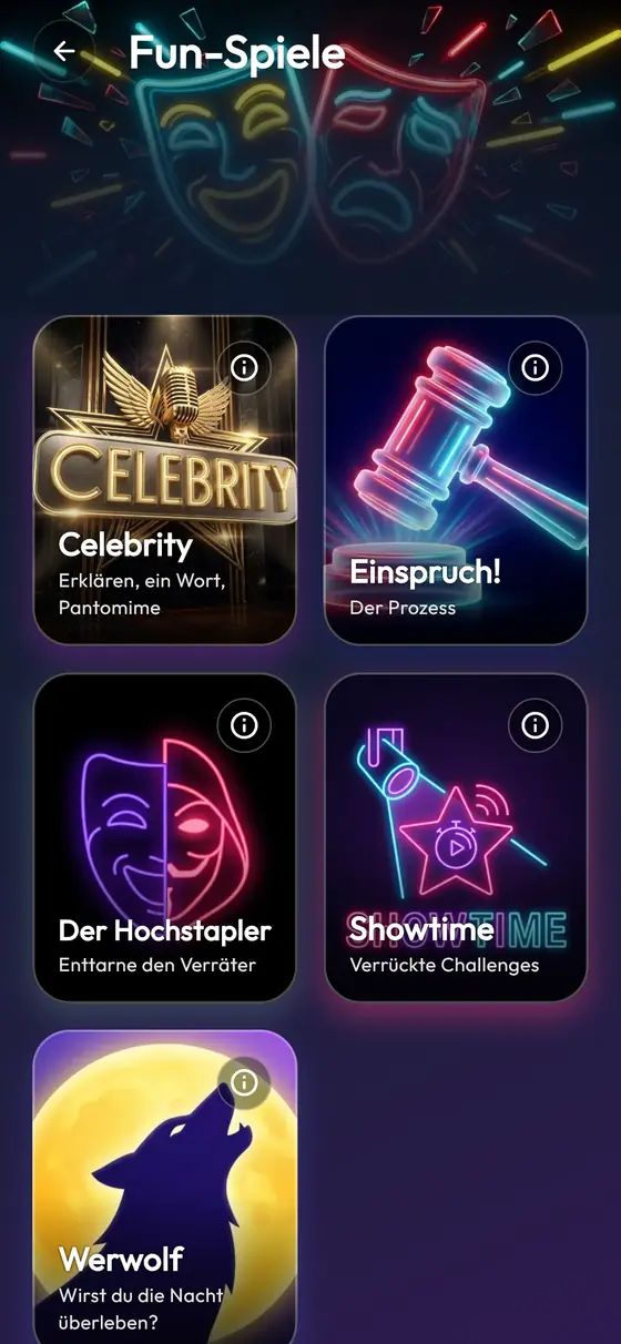 Die Fun-Spiele in der App: Celebrity, Einspruch!, Der Hochstapler, Showtime und Werwolf