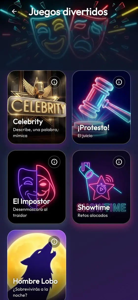 Los juegos divertidos de la app: Celebrity, ¡Protesto!, El Impostor, Showtime y Hombre Lobo