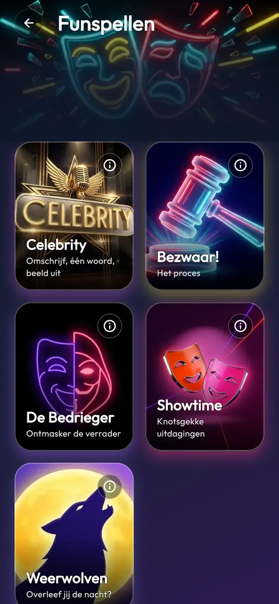 De grappige spellen in de app: Celebrity, Bezwaar!, Imposter, Showtime en Weerwolven