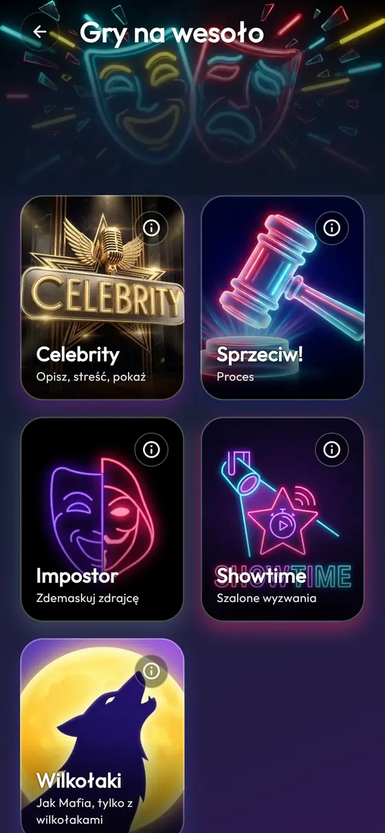 Zabawne gry w aplikacji: Celebrity, Sprzeciw!, Impostor, Showtime i Wilkołaki