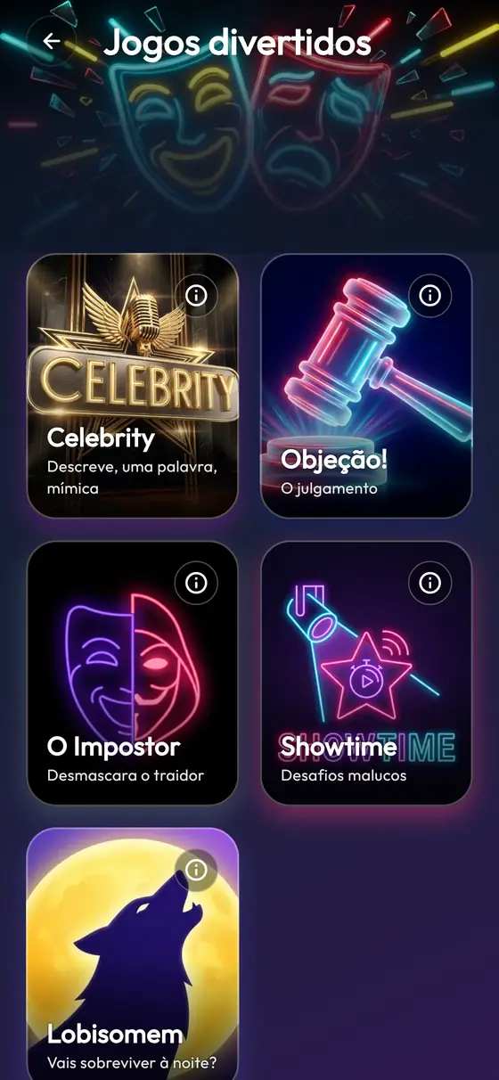 Os jogos divertidos da app: Celebrity, Objeção!, O Impostor, Showtime e Lobisomem