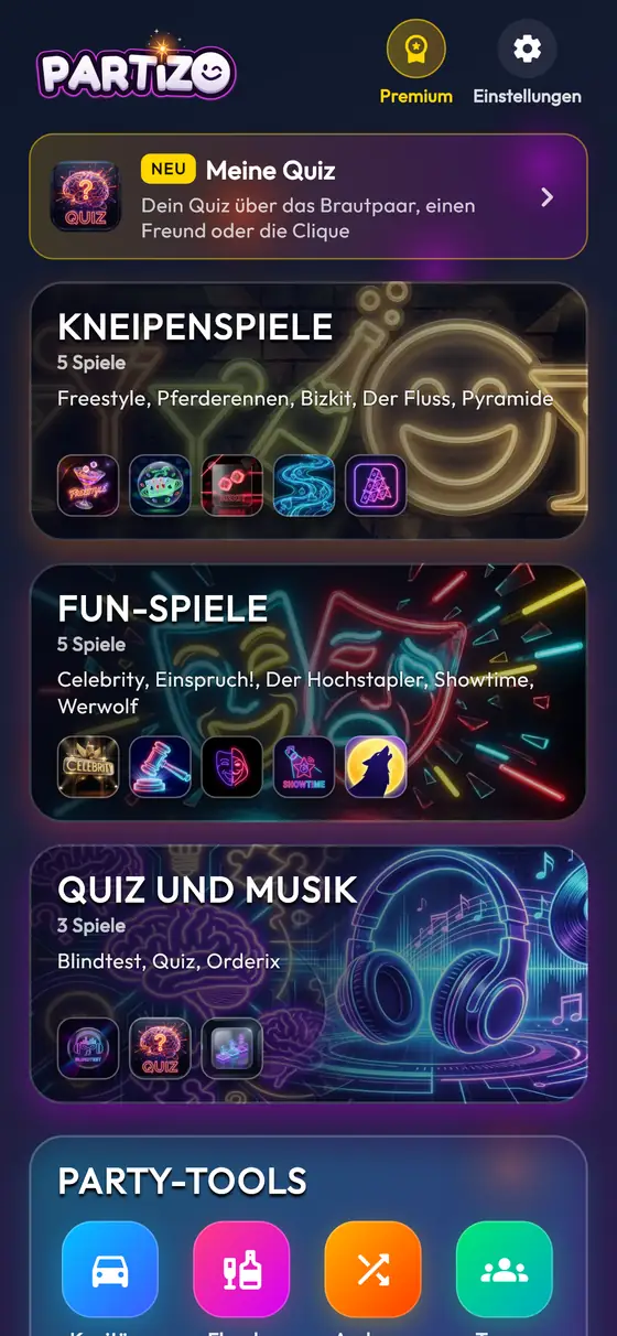 Der Startbildschirm der Party-Games-App: Kneipenspiele, Fun-Spiele, Blindtest und Wissensspiele