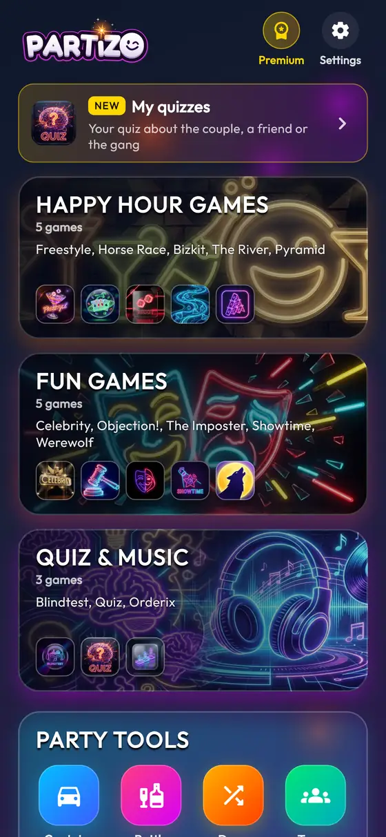 The Partizo app home screen: drinking games, fun games, music quiz and brain games