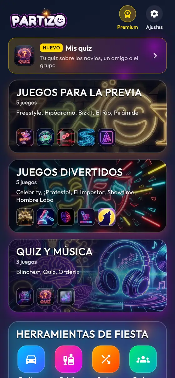 La pantalla de inicio de la app Partizo: juegos para beber, juegos divertidos, blindtest y juegos de ingenio