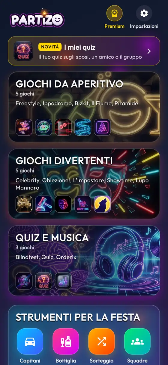 La schermata iniziale dell'app Partizo: giochi alcolici, giochi divertenti, blindtest e giochi di cultura