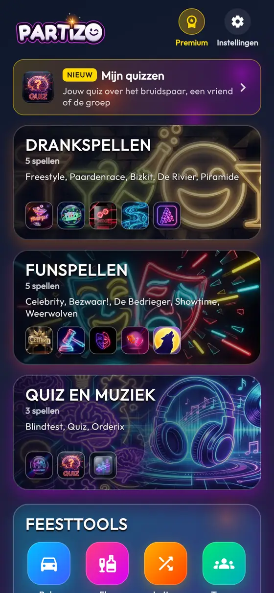 Het startscherm van de Partizo-app: drankspelletjes, grappige spellen, blindtest en denkspellen