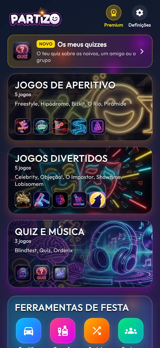 O ecrã inicial da app Partizo: jogos para beber, jogos divertidos, blindtest e jogos de cultura